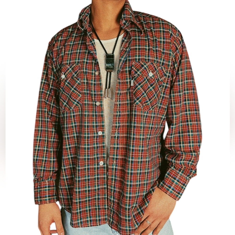 Vintage Levi’s Plaid Western Button Down Shirt Men’s Small Red Blue Green